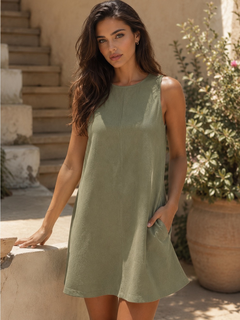 Linen Blend Sleeveless Swing Mini Dress | Olive Green